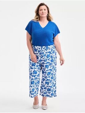100% Cotton Style & Co. Blue White Floral Wide-Leg Pants Women Originally $59.50